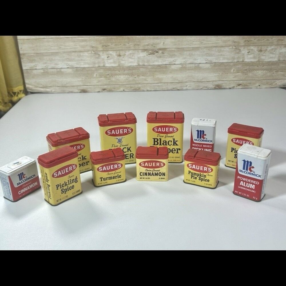 Vtg McCormick and Sauers Spice Tins Lot Of 11 Yellow White